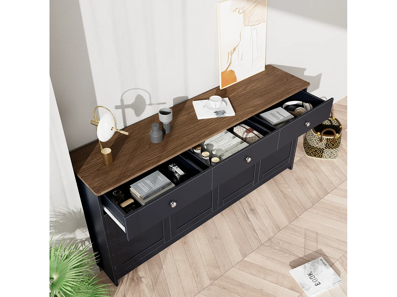 Buffet pour salon - 4 portes et 3 tiroirs - panneaux de particules - Gris noir