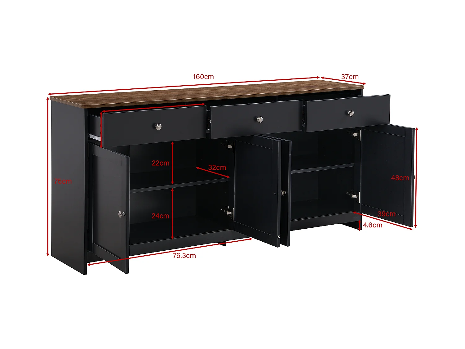 Dressoir voor woonkamer - 4 deuren en 3 laden - spaanplaat - Zwartgrijs