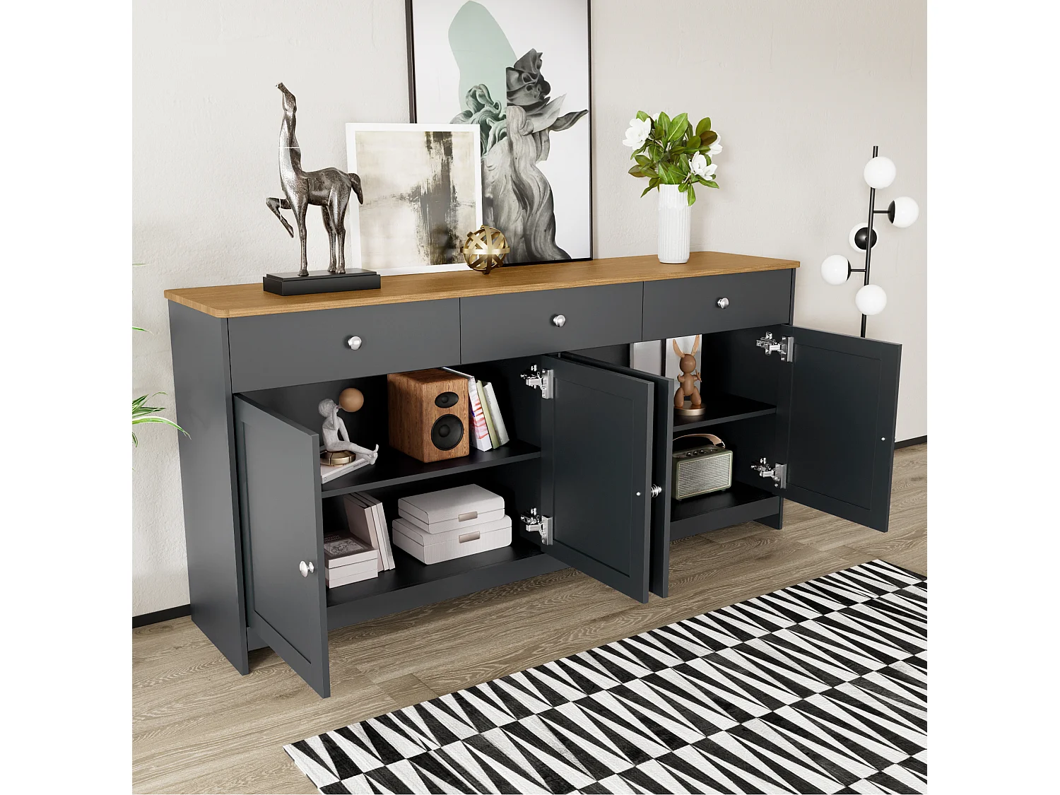 Buffet pour salon - 4 portes et 3 tiroirs - panneaux de particules - Gris noir