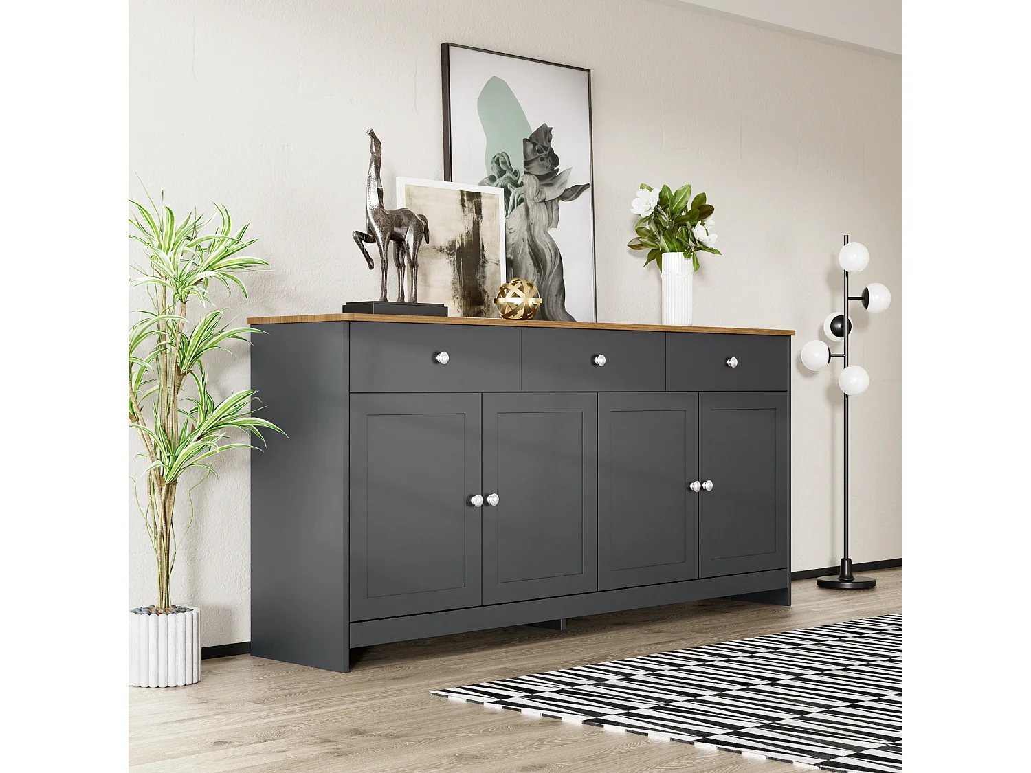 Buffet pour salon - 4 portes et 3 tiroirs - panneaux de particules - Gris noir