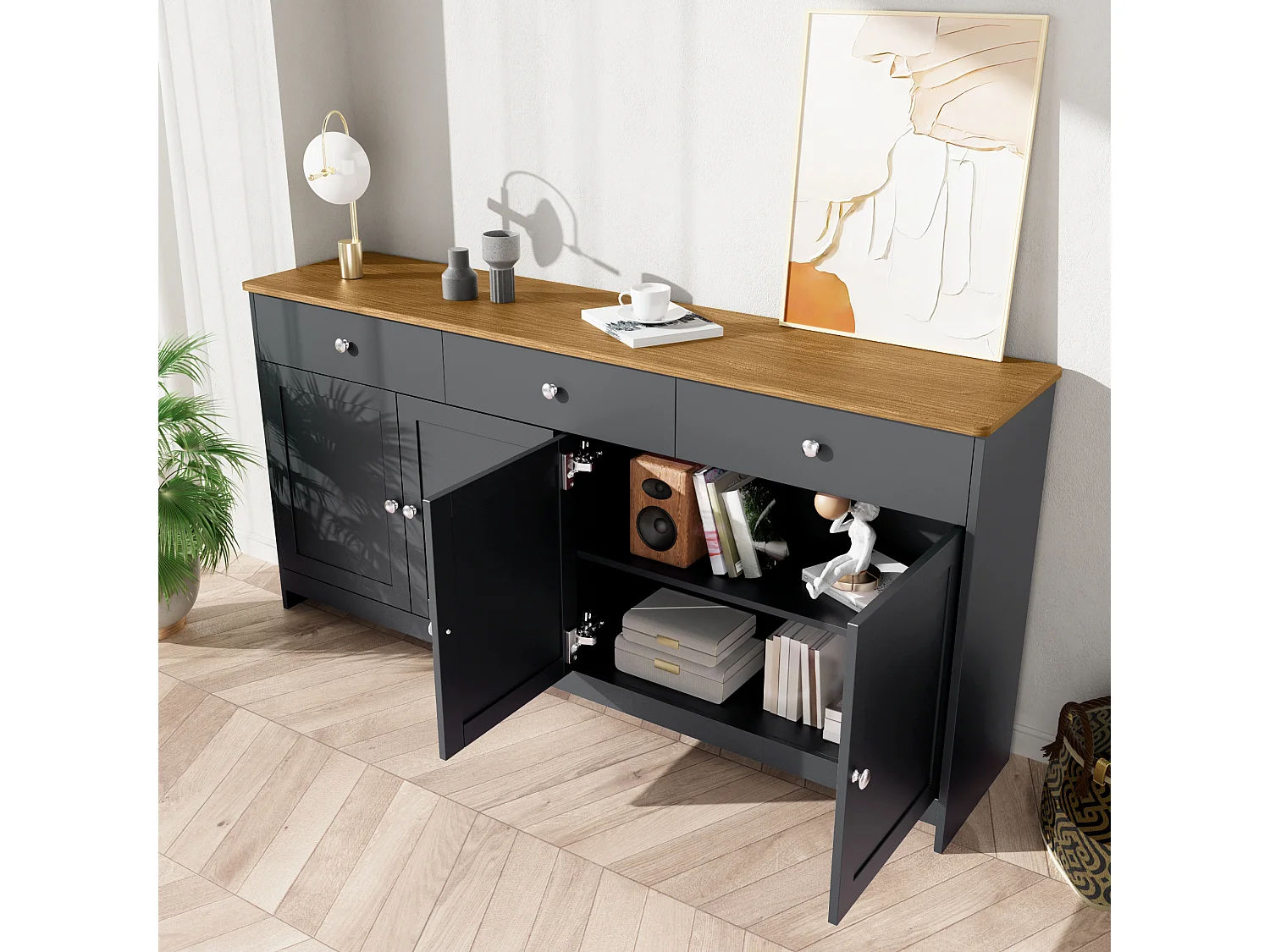 Buffet pour salon - 4 portes et 3 tiroirs - panneaux de particules - Gris noir