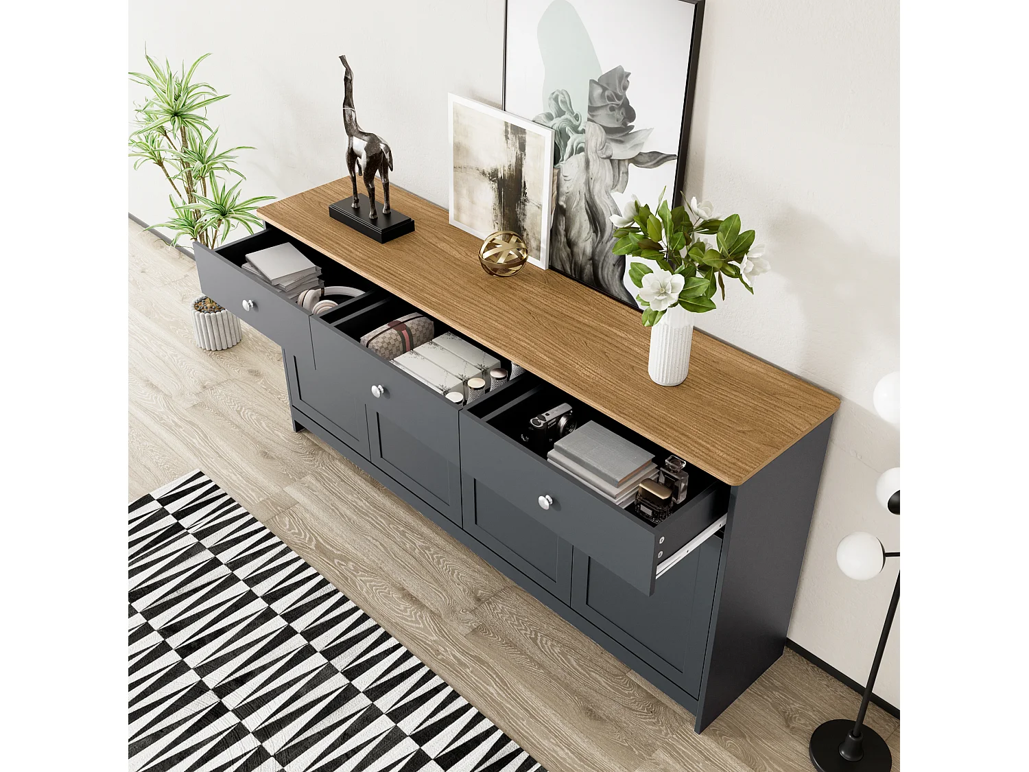 Buffet pour salon - 4 portes et 3 tiroirs - panneaux de particules - Gris noir
