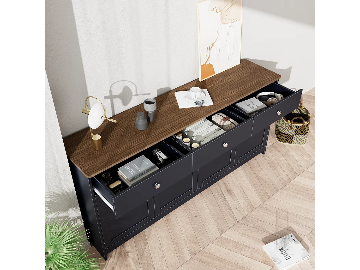 Buffet pour salon - 4 portes et 3 tiroirs - panneaux de particules - Gris noir