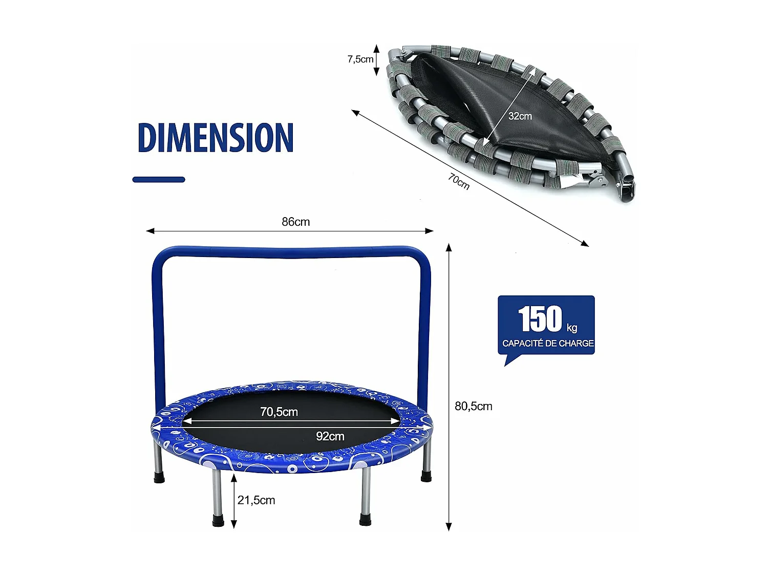Trampoline Enfants Pliable Ø 92 cm avec Housse de Sécurité Matelassée et Poignée Recouverte Intérieur 150 KG Bleu