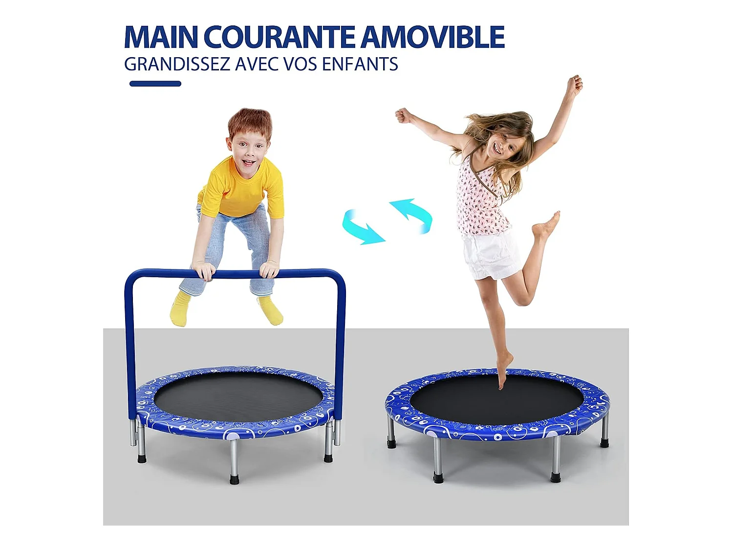 Trampoline Enfants Pliable Ø 92 cm avec Housse de Sécurité Matelassée et Poignée Recouverte Intérieur 150 KG Bleu