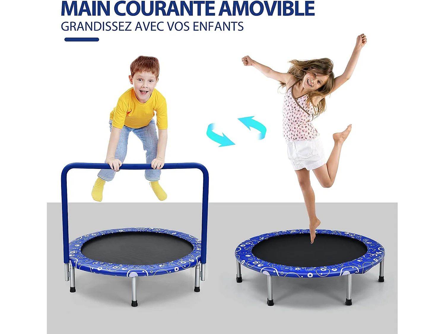 Trampoline Enfants Pliable Ø 92 cm avec Housse de Sécurité Matelassée et Poignée Recouverte Intérieur 150 KG Bleu
