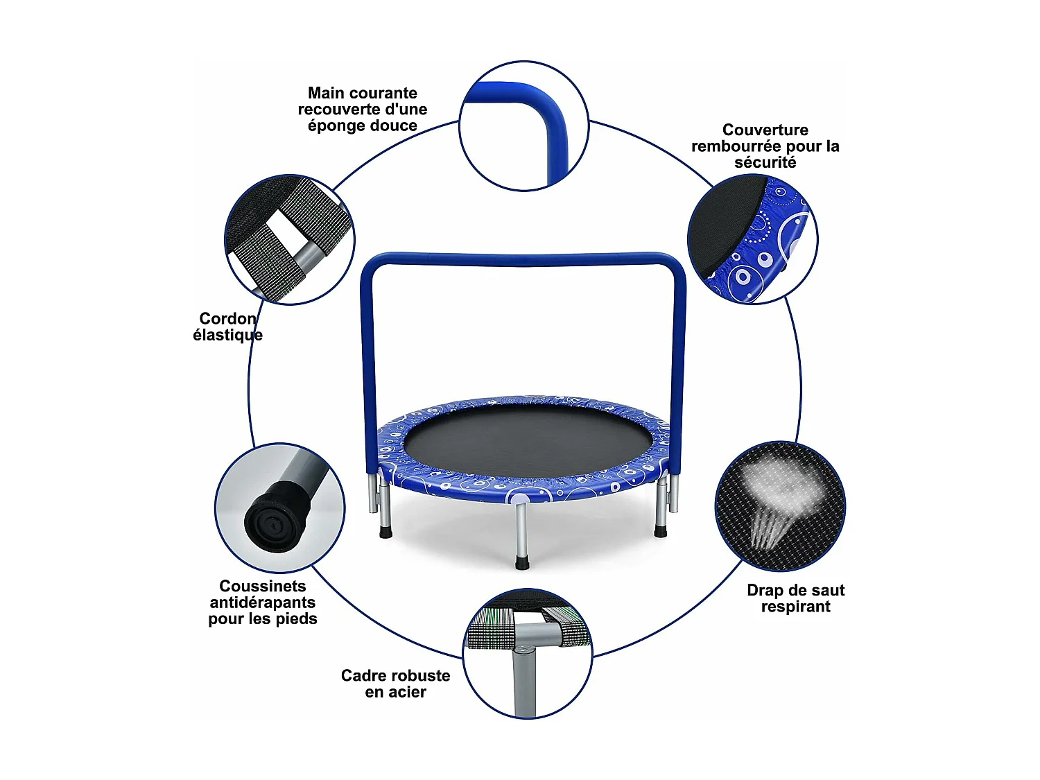 Trampoline Enfants Pliable Ø 92 cm avec Housse de Sécurité Matelassée et Poignée Recouverte Intérieur 150 KG Bleu