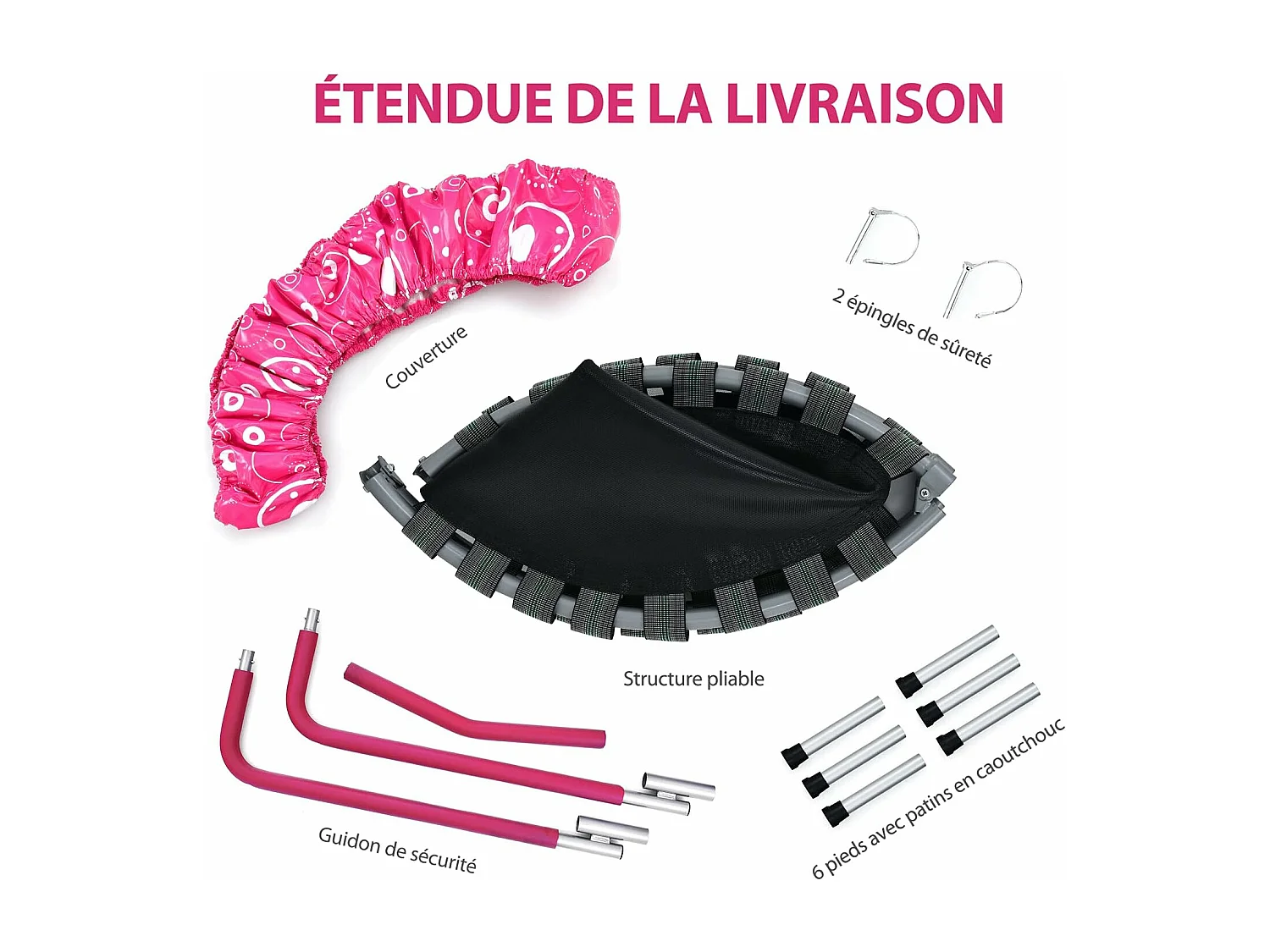 Trampoline Enfants Pliable Ø 92 cm avec Housse de Sécurité Matelassée et Poignée Recouverte Intérieur 150 KG Rose
