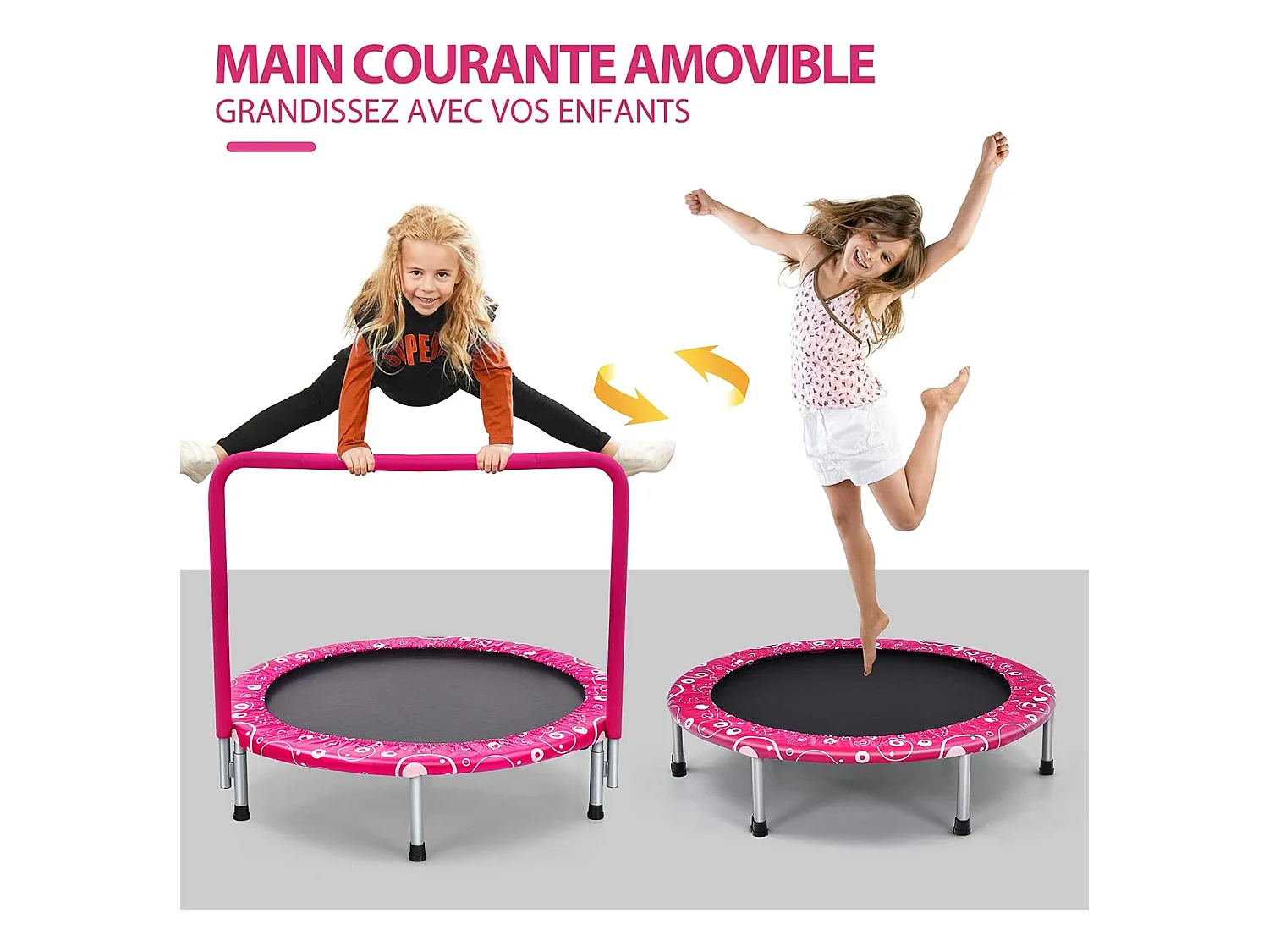 Trampoline Enfants Pliable Ø 92 cm avec Housse de Sécurité Matelassée et Poignée Recouverte Intérieur 150 KG Rose