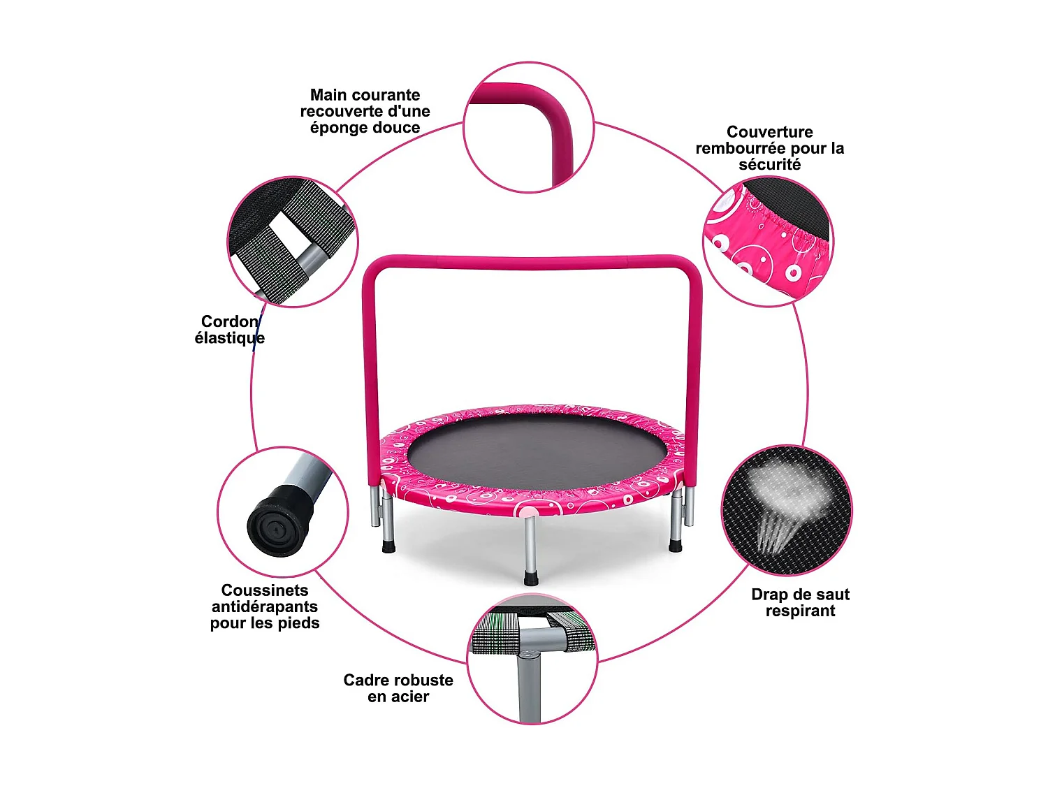 Trampoline Enfants Pliable Ø 92 cm avec Housse de Sécurité Matelassée et Poignée Recouverte Intérieur 150 KG Rose