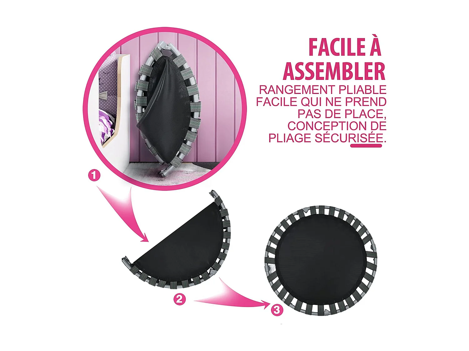 Trampoline Enfants Pliable Ø 92 cm avec Housse de Sécurité Matelassée et Poignée Recouverte Intérieur 150 KG Rose