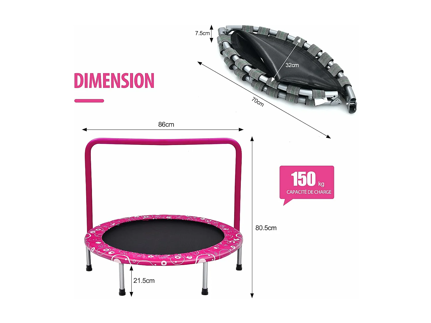 Trampoline Enfants Pliable Ø 92 cm avec Housse de Sécurité Matelassée et Poignée Recouverte Intérieur 150 KG Rose