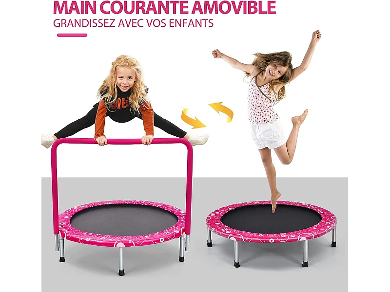 Trampoline Enfants Pliable Ø 92 cm avec Housse de Sécurité Matelassée et Poignée Recouverte Intérieur 150 KG Rose