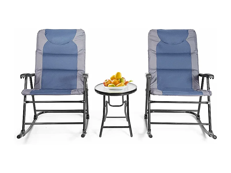 Ensemble de Jardin 3 PCS Table Basse en Verre avec 2 Chaises Extérieures à Bascule Pliables Coussins Rembourrés, Bleu