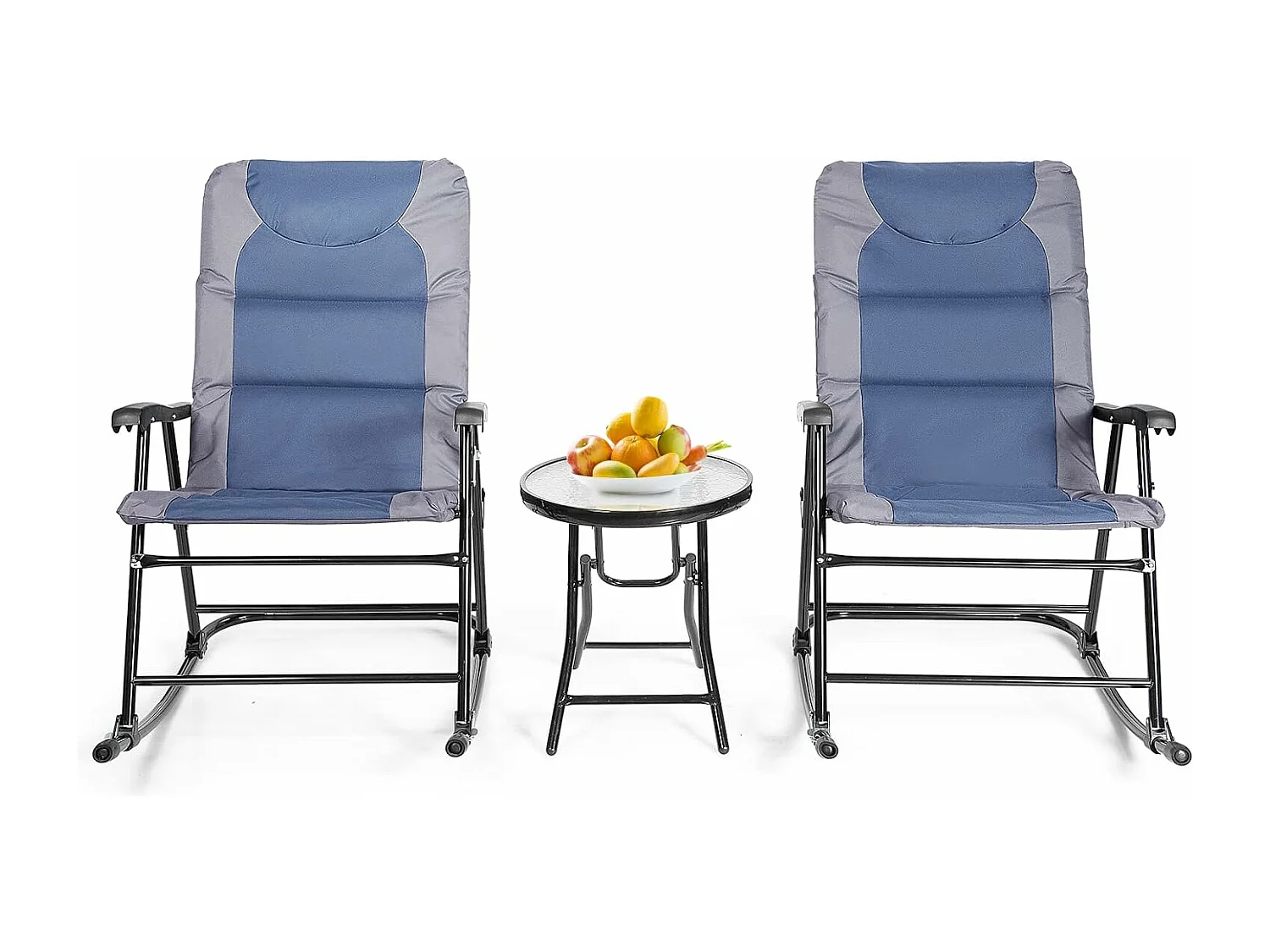 Ensemble de Jardin 3 PCS Table Basse en Verre avec 2 Chaises Extérieures à Bascule Pliables Coussins Rembourrés, Bleu
