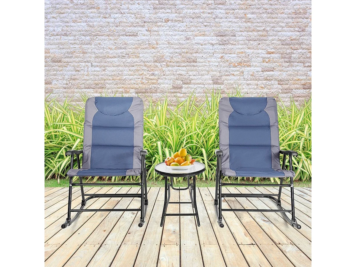 Ensemble de Jardin 3 PCS Table Basse en Verre avec 2 Chaises Extérieures à Bascule Pliables Coussins Rembourrés, Bleu