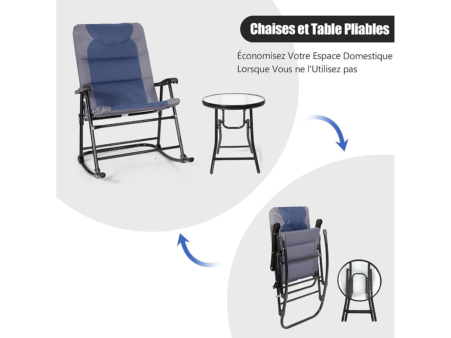 Ensemble de Jardin 3 PCS Table Basse en Verre avec 2 Chaises Extérieures à Bascule Pliables Coussins Rembourrés, Bleu