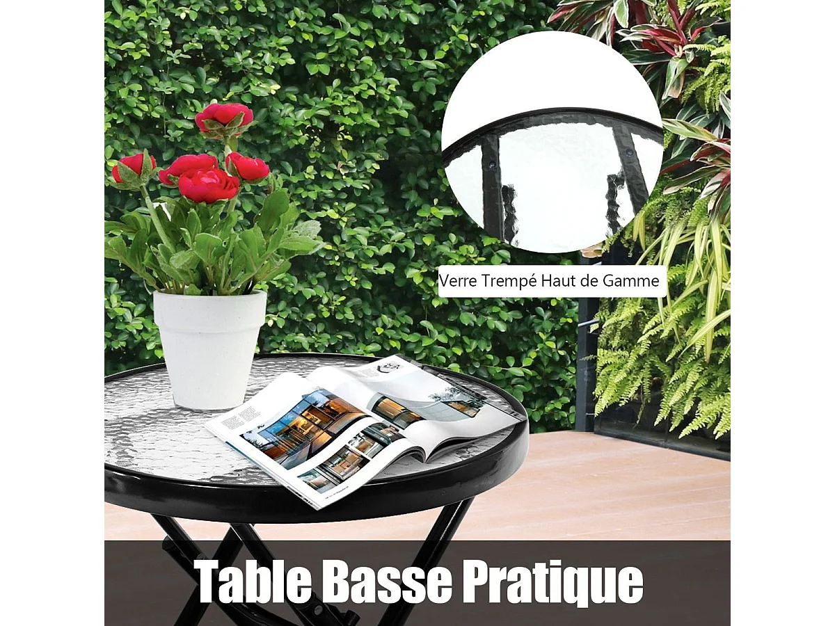 Ensemble de Jardin 3 PCS Table Basse en Verre avec 2 Chaises Extérieures à Bascule Pliables Coussins Rembourrés, Bleu