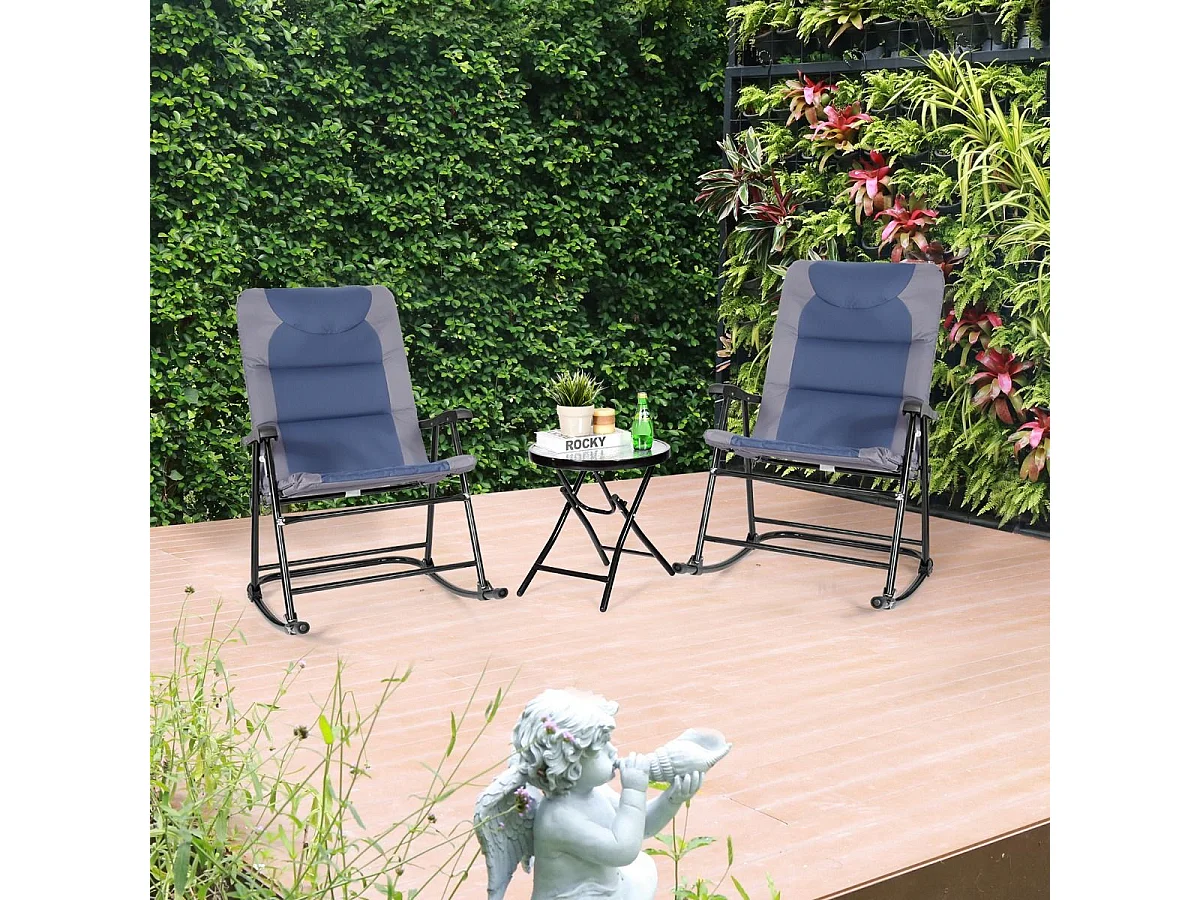 Ensemble de Jardin 3 PCS Table Basse en Verre avec 2 Chaises Extérieures à Bascule Pliables Coussins Rembourrés, Bleu