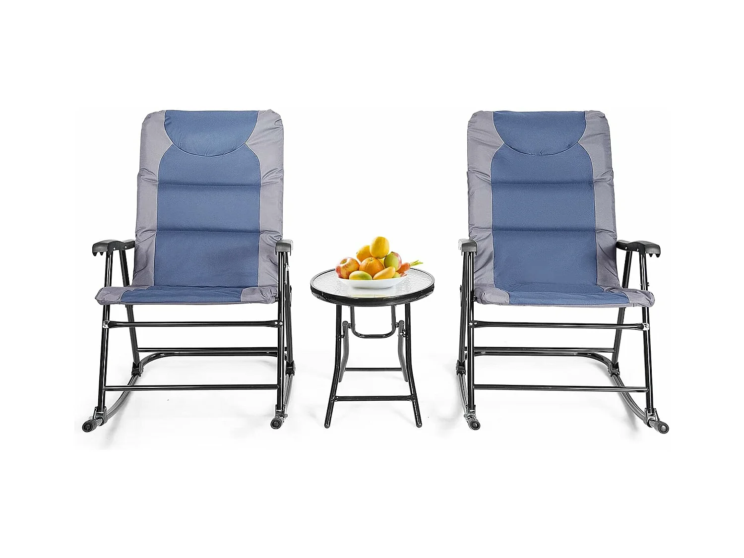 Ensemble de Jardin 3 PCS Table Basse en Verre avec 2 Chaises Extérieures à Bascule Pliables Coussins Rembourrés, Bleu