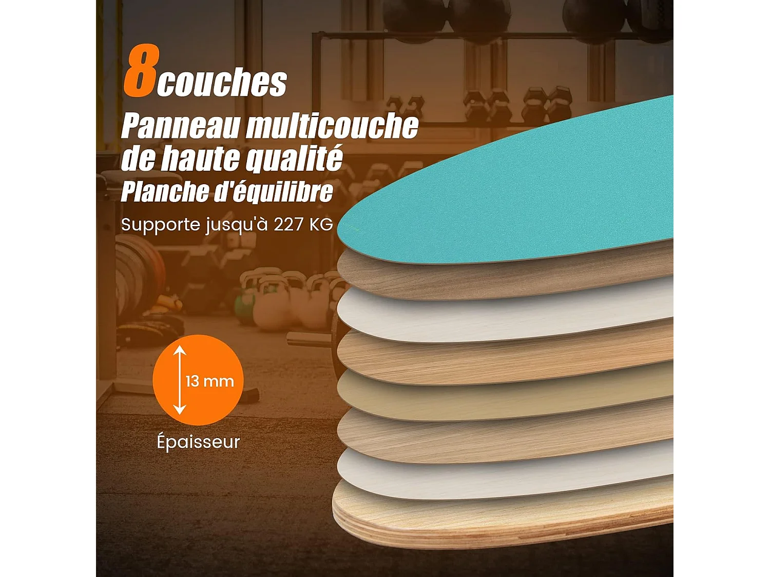 Planche d’Équilibre en Bois avec Rouleau et Tapis Antidérapant Charge 227 KG, Balance Board pour Entraînement de Skateboard Hockey Snowboard Surf Bleu