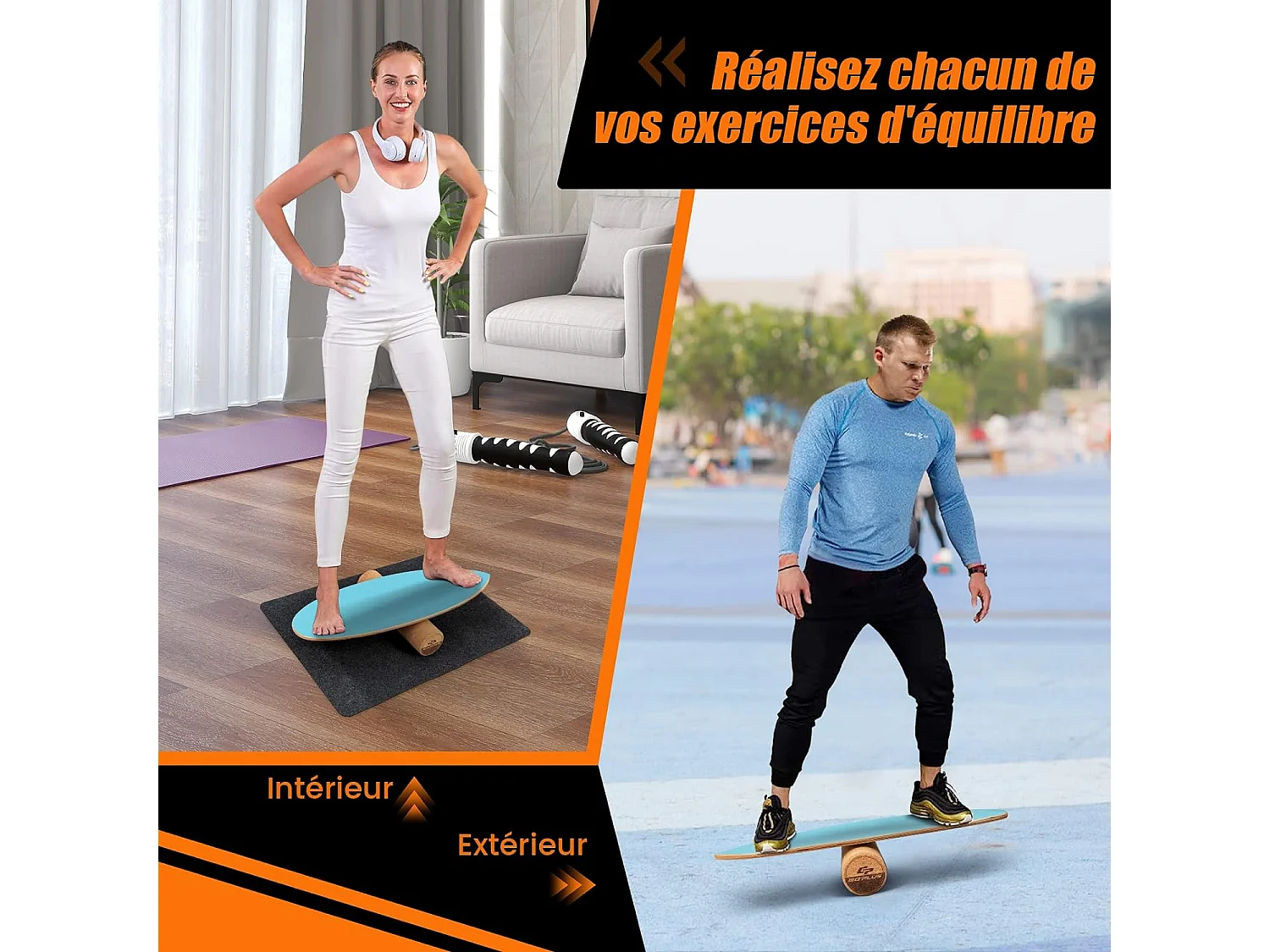 Planche d’Équilibre en Bois avec Rouleau et Tapis Antidérapant Charge 227 KG, Balance Board pour Entraînement de Skateboard Hockey Snowboard Surf Bleu