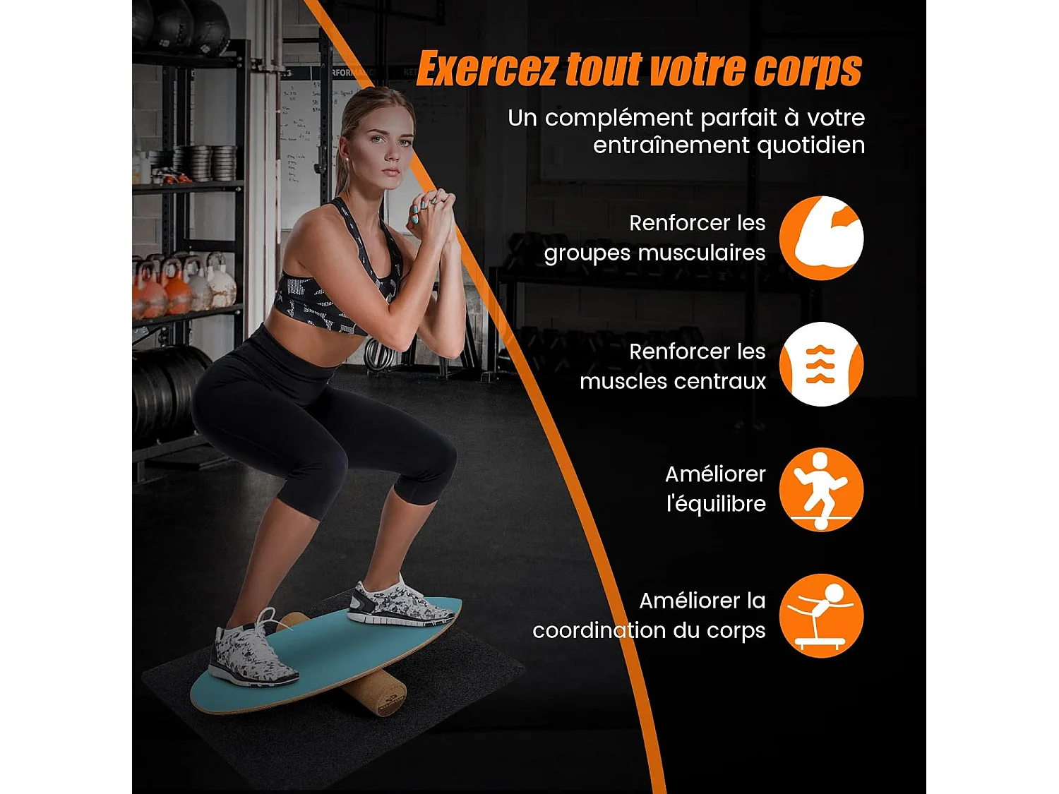 Planche d’Équilibre en Bois avec Rouleau et Tapis Antidérapant Charge 227 KG, Balance Board pour Entraînement de Skateboard Hockey Snowboard Surf Bleu