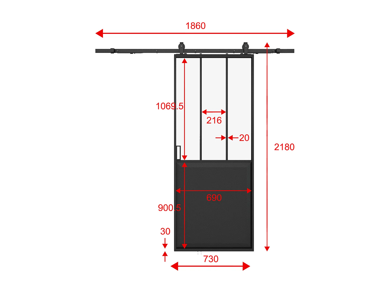 Porte coulissante atelier avec système en applique - Noir et verre trempé - H205 x L73 cm - ARTISTO II