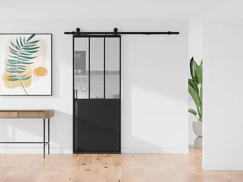 Industriell skjutdörr med utanpåliggande system svart och härdat glas 205 x 73 cm ARTISTO II