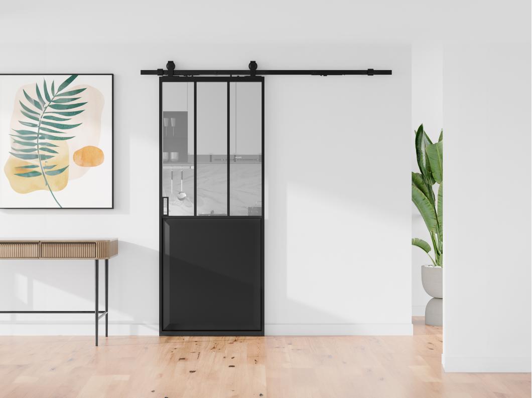 Porte coulissante atelier avec système en applique - Noir et verre trempé - H205 x L73 cm - ARTISTO II