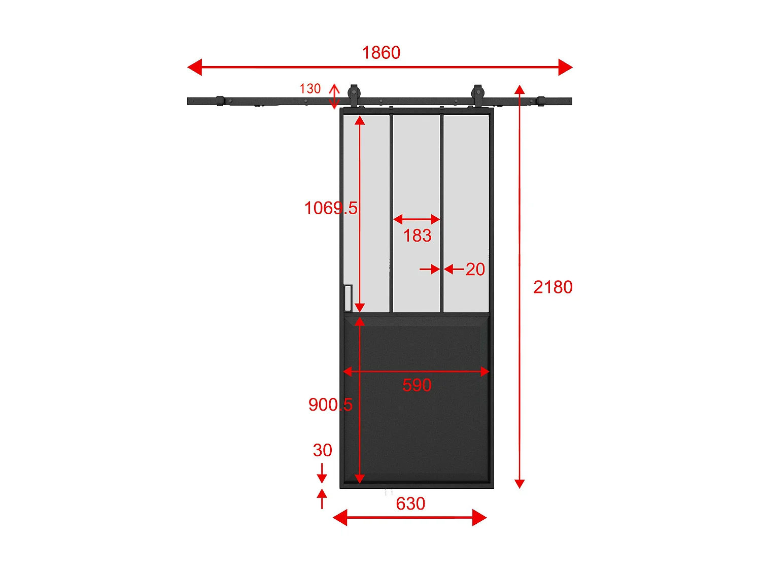Atelier-Schiebetür mit Laufschienensystem - Schwarz & Sicherheitsglas mattiert - 205 cm x 63 cm - ARTISTO II