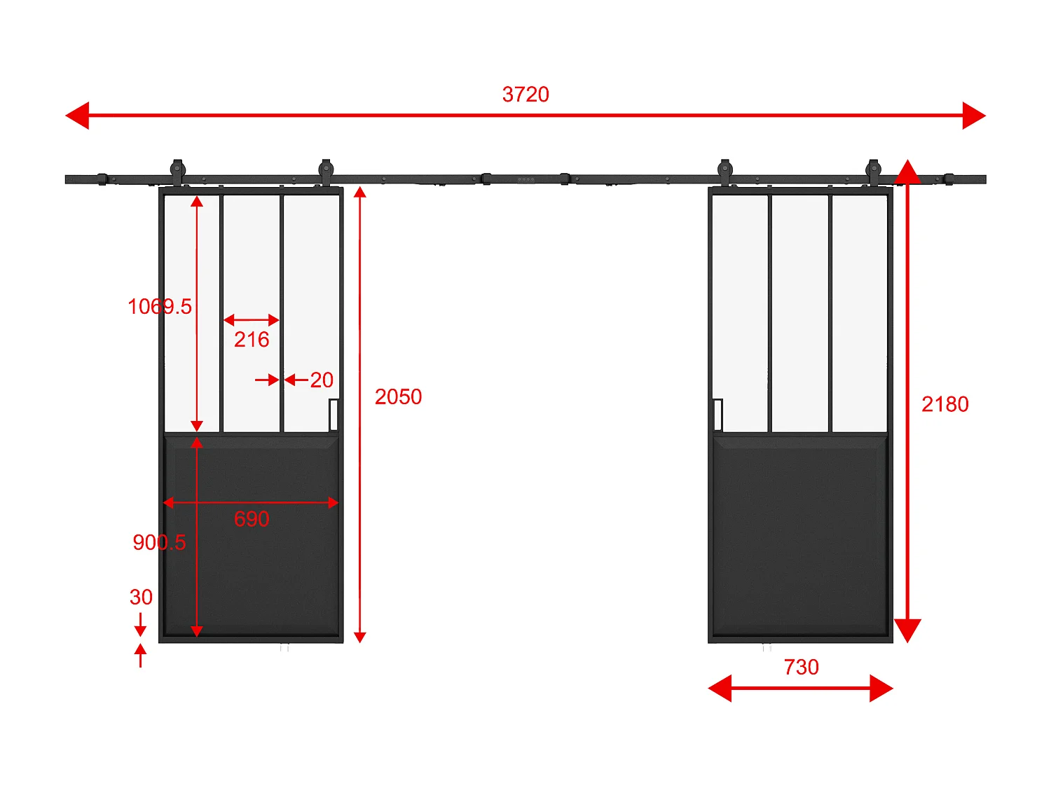Porta scorrevole doppia atelier con sistema esterno muro 2xH205xL73 cm Nero e Vetro temperato  - ARTISTO II