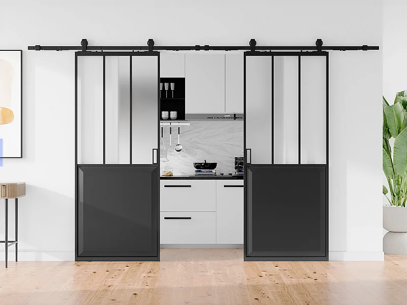 Dubbele schuifdeur in atelierstijl met wandbevestiging - Zwart MDF en gehard matglas - 2 x H205 x L63 cm - ARTISTO II