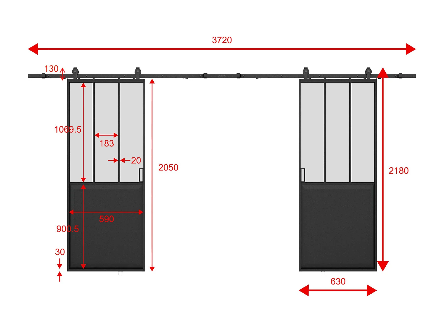 Porta de correr dupla de atelier com sistema em aplique preto e vidro temperado fosco 2 x A205 x C63 cm - ARTISTO II