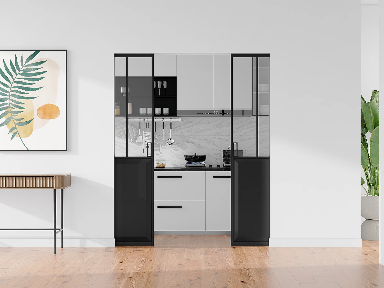 Porte coulissante double atelier avec système à galandage - Noir et verre trempé - 2 x H205 x L73 cm - ARTISTO II