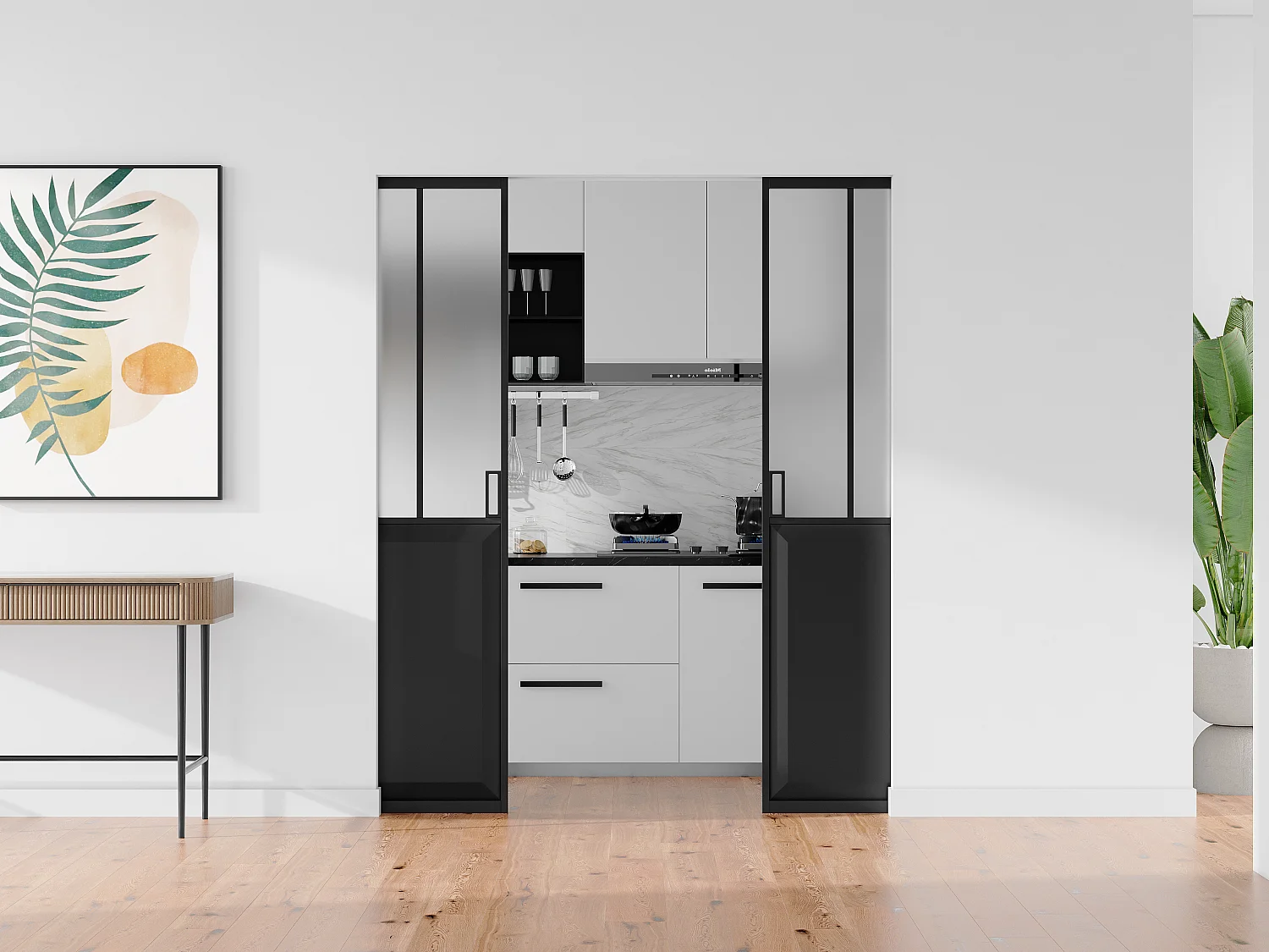 Porte coulissante double atelier avec système à galandage - Noir et verre trempé dépoli - 2 x H205 x L63 cm - ARTISTO II