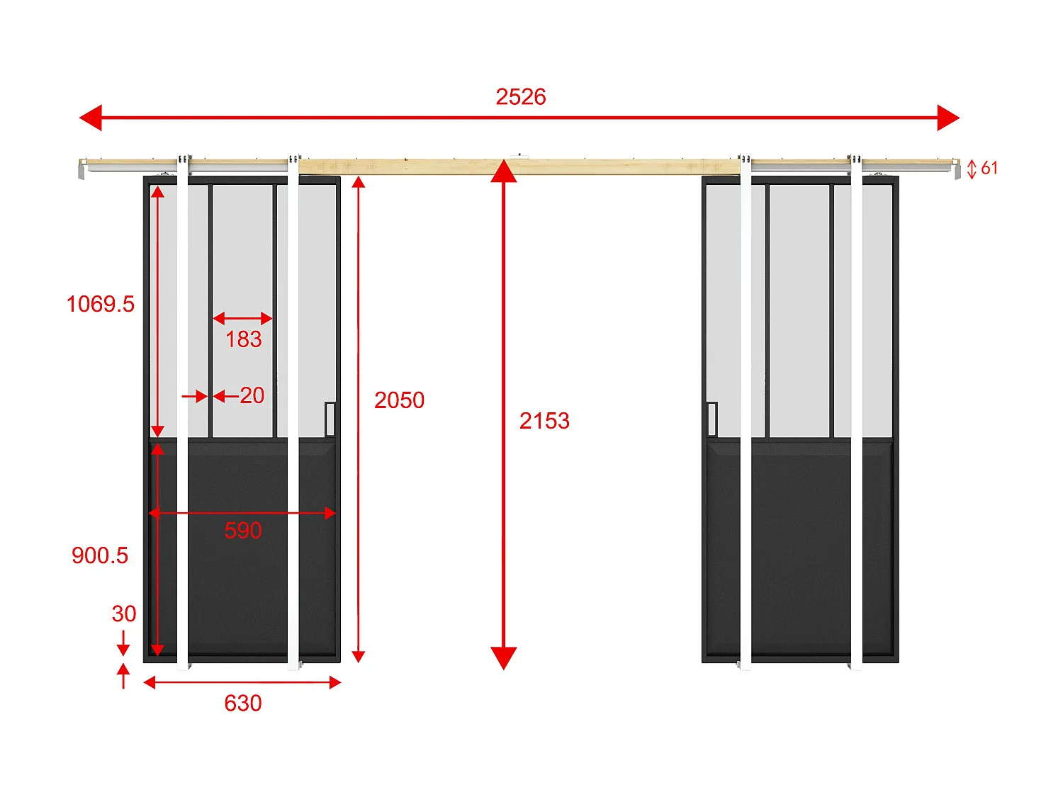 Porte coulissante double atelier avec système à galandage - Noir et verre trempé dépoli - 2 x H205 x L63 cm - ARTISTO II