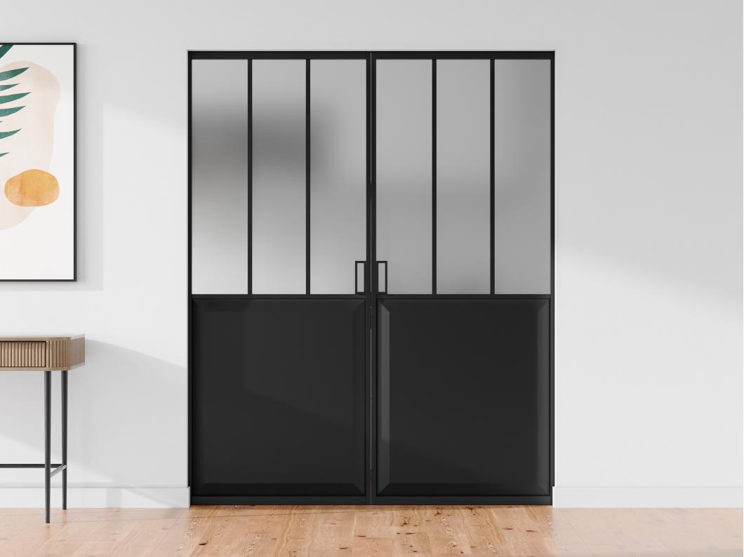 Porte coulissante double atelier avec système à galandage - Noir et verre trempé dépoli - 2 x H205 x L63 cm - ARTISTO II