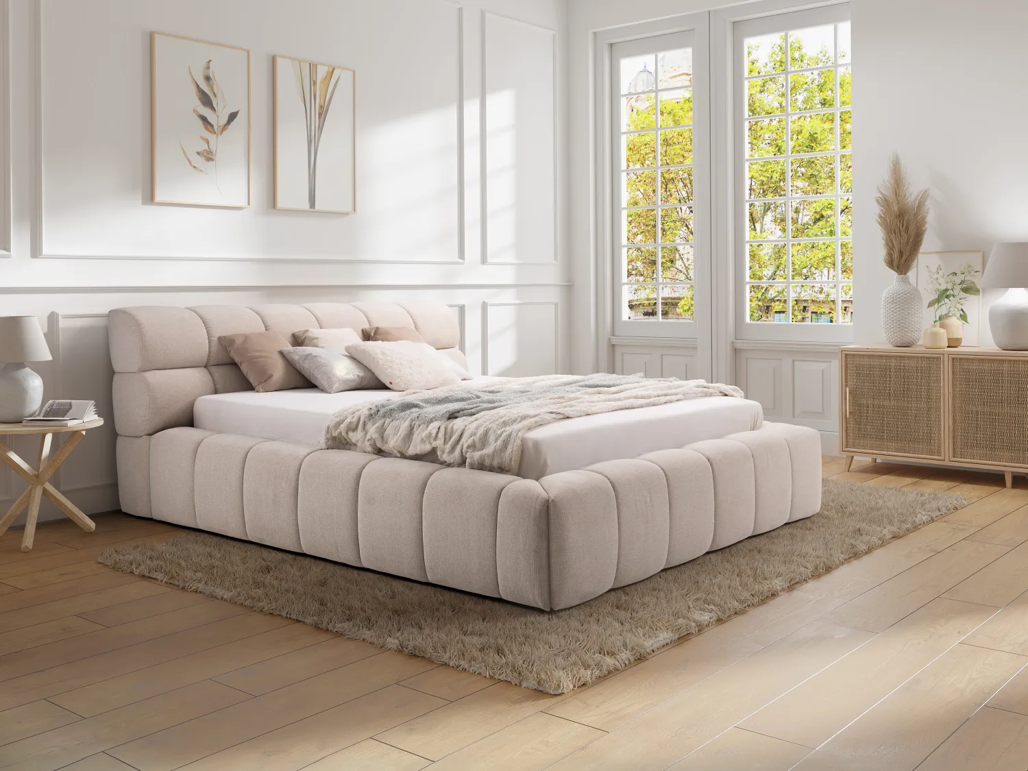 Lit coffre 200 x 200 cm - Tissu - Beige + Matelas - FORVIK de Pascal Morabito