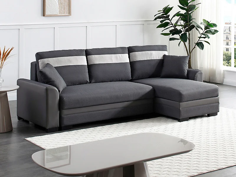 Canapé d'angle réversible et convertible en tissu et simili anthracite GIANY II