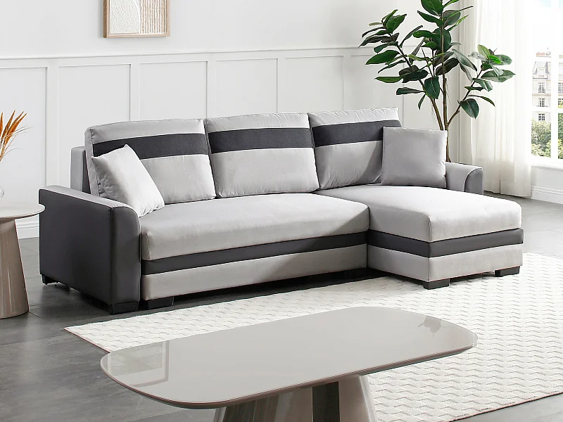 Ecksofa mit Schlaffunktion - Ecke wechselbar - Stoff & Kunstleder - Hellgrau - GIANY II