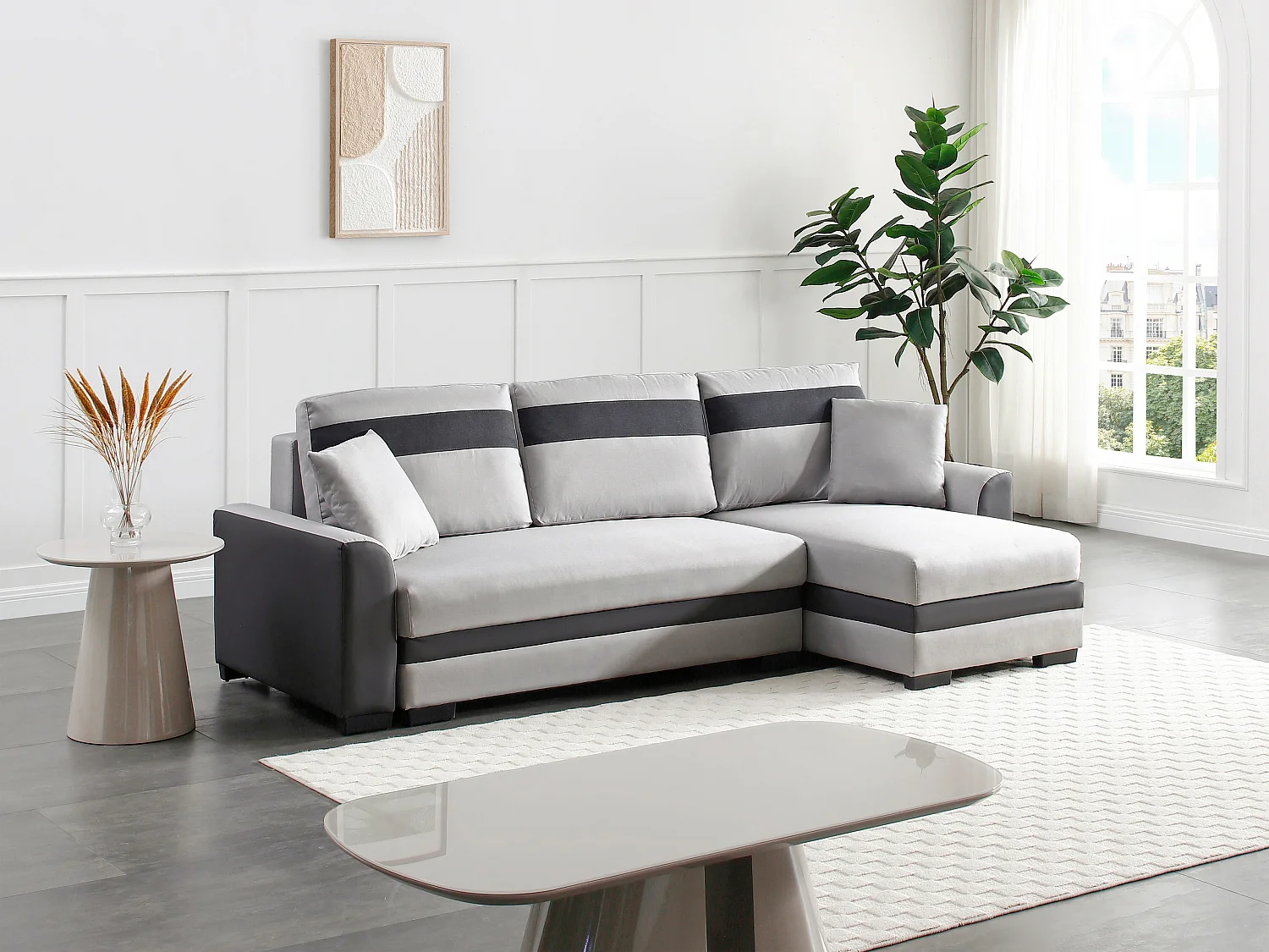 Canapé d'angle réversible et convertible en tissu et simili gris clair GIANY II