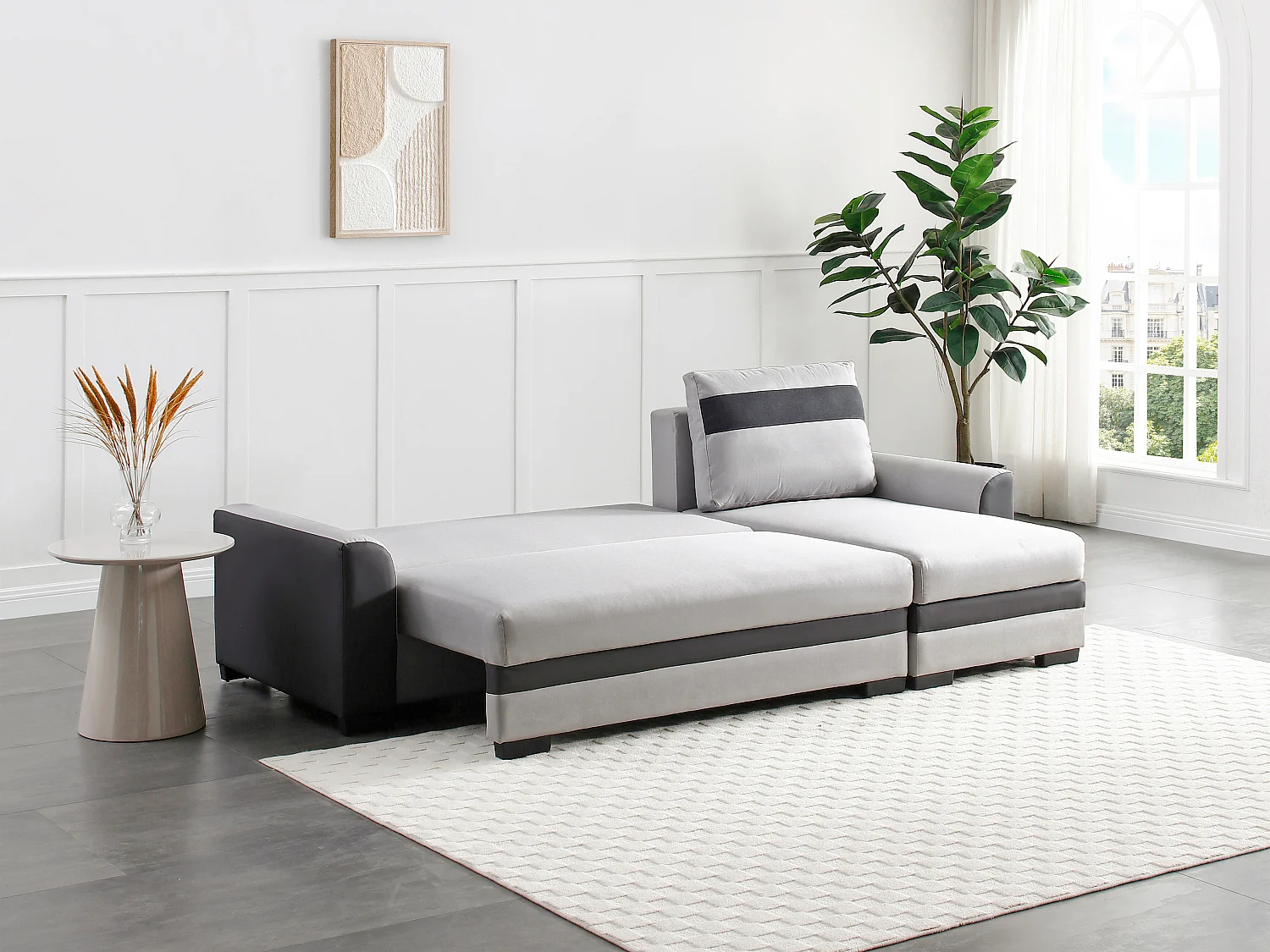 Canapé d'angle réversible et convertible en tissu et simili gris clair GIANY II