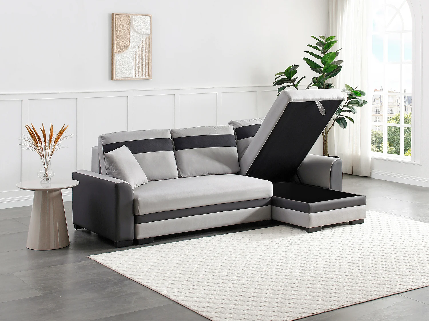 Canapé d'angle réversible et convertible en tissu et simili gris clair GIANY II