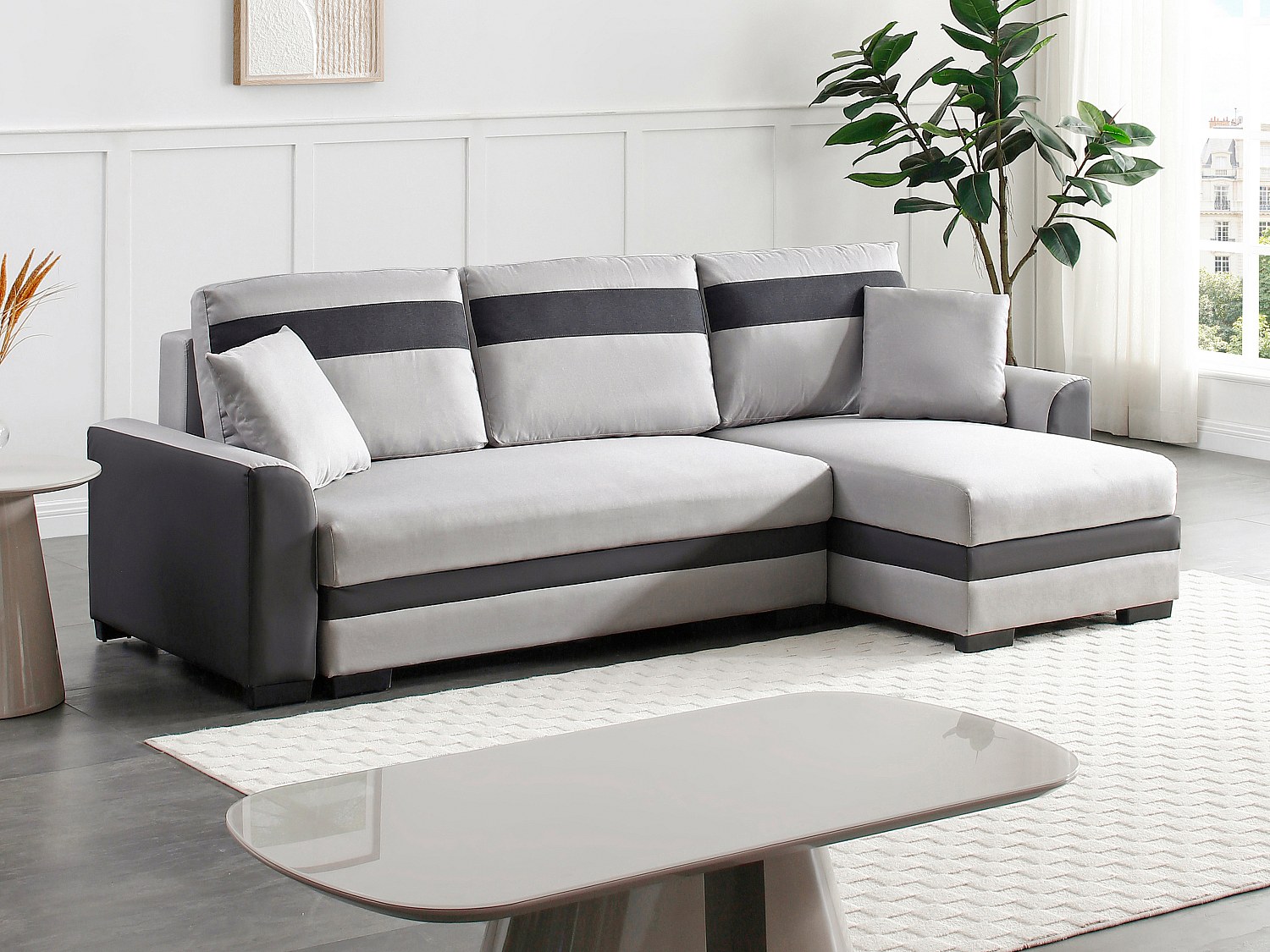 Canapé d'angle réversible et convertible en tissu et simili gris clair GIANY II