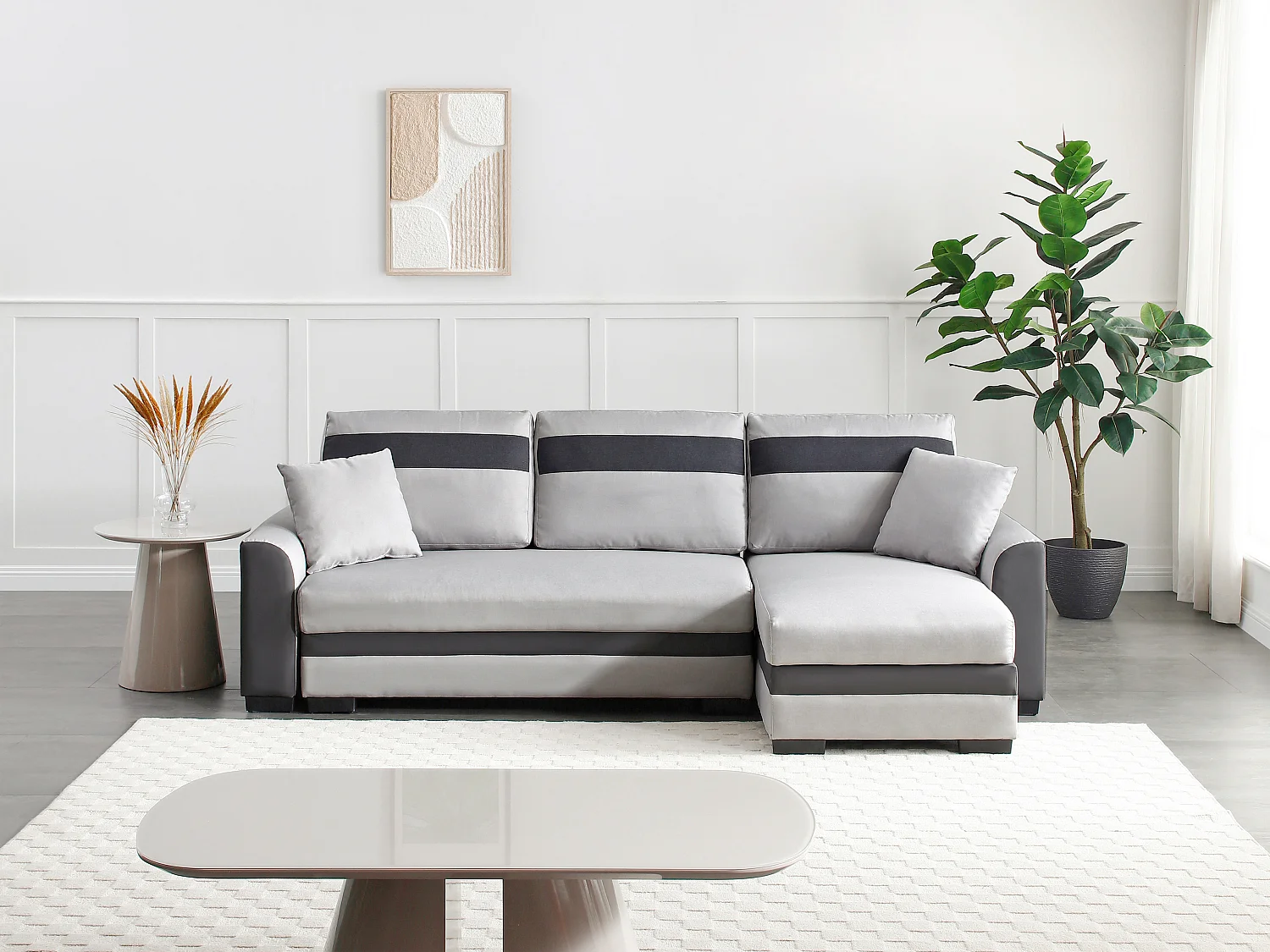 Canapé d'angle réversible et convertible en tissu et simili gris clair GIANY II