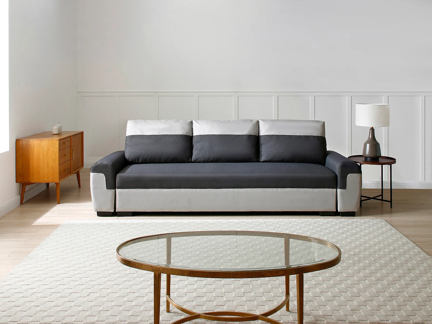 Canapé 3 places convertible en tissu anthracite et gris clair GABY II