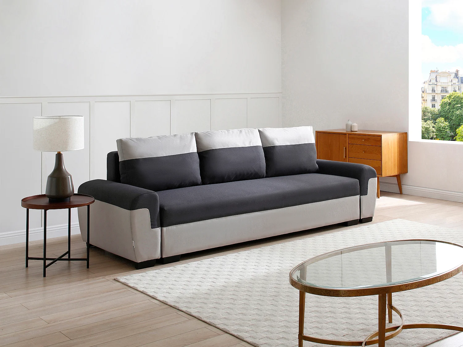 Canapé 3 places convertible en tissu anthracite et gris clair GABY II