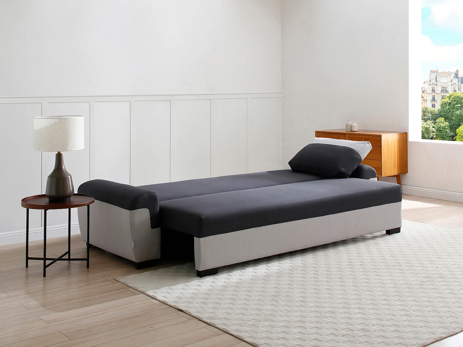 Canapé 3 places convertible en tissu anthracite et gris clair GABY II
