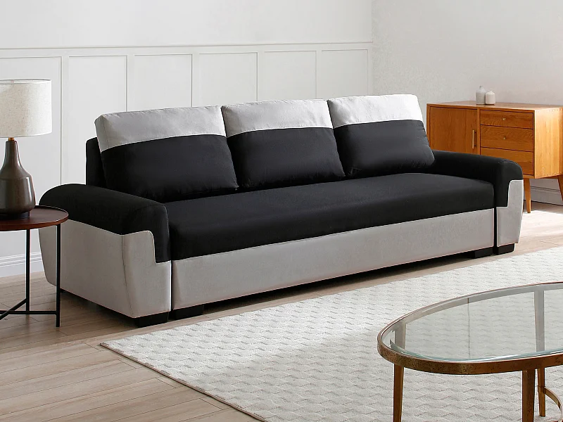 Canapé 3 places convertible en tissu noir et gris clair GABY II